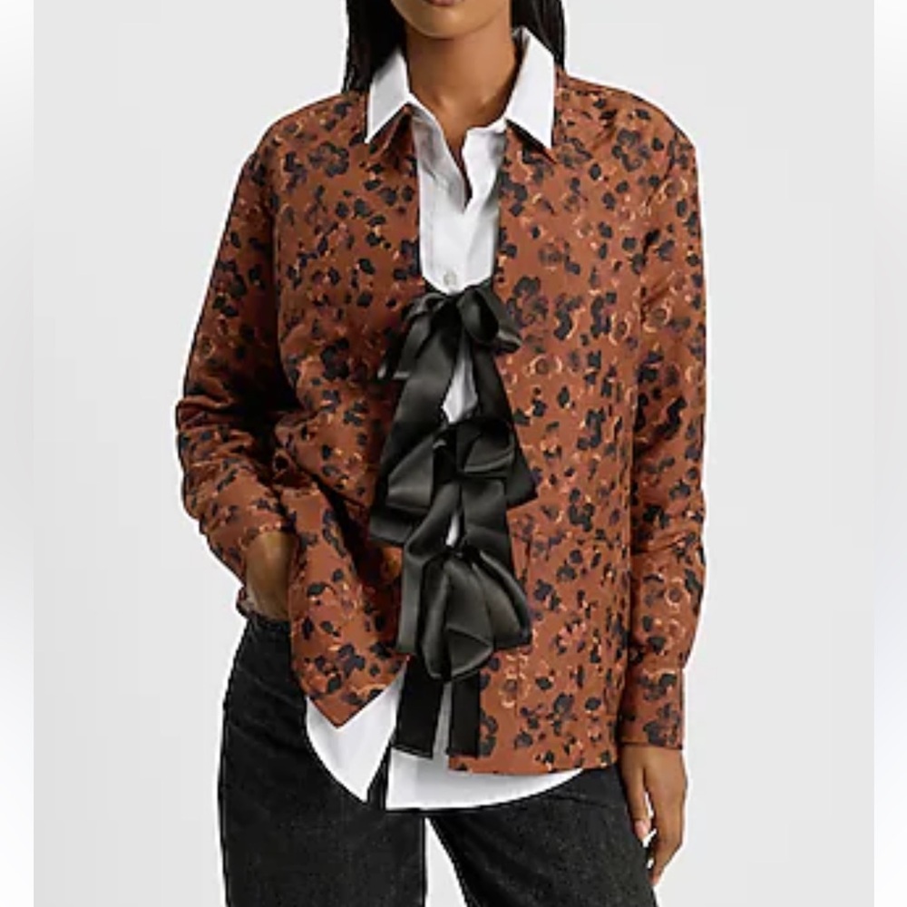Express Leopard Print V-Neck Embellished Cardigan with Black Bow Accents Medium